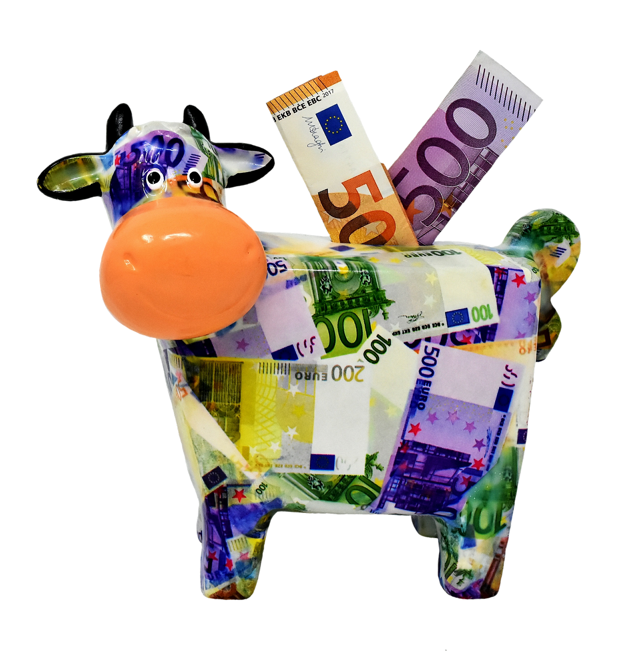 piggy bank, money, cow, dollar bill, 500 euro, 50 euro, save up, ceramic, economical, fun, save money, finance, porcelain, euro, isolated, exemption, cropping, cut out, cutting out, piggy bank, piggy bank, piggy bank, piggy bank, piggy bank