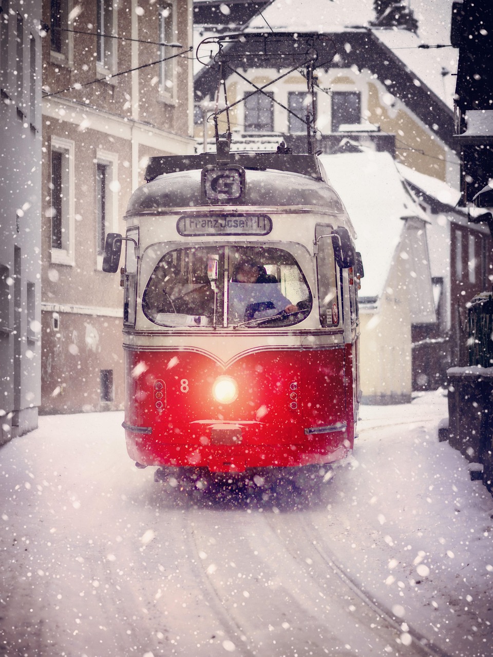 road, tram, transport system, city, winter, vehicle, ride, urban, snow, public transport, nature, wintry, cold, snowflakes, winter impressions, snowfall, public means of transport